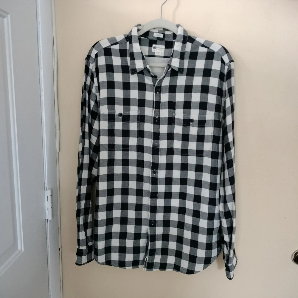 J Crew Tailor Fit Mens Black White Buffalo Check Flannel Cotton Shirt L Preppy